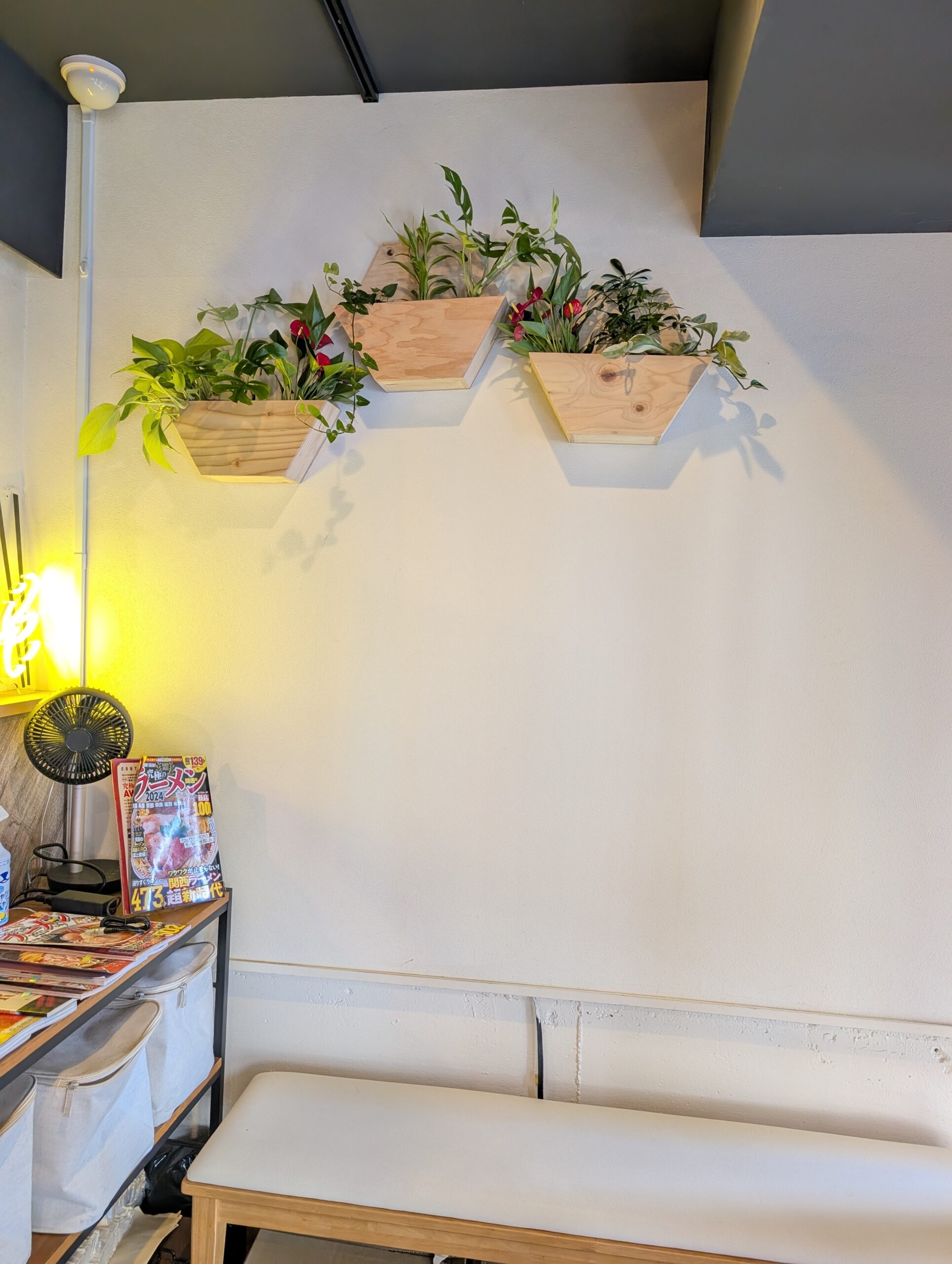 【飲食店・店舗緑化】行列のできるラーメン店様の待合に、壁掛け『ハニカムウォール』を設置！